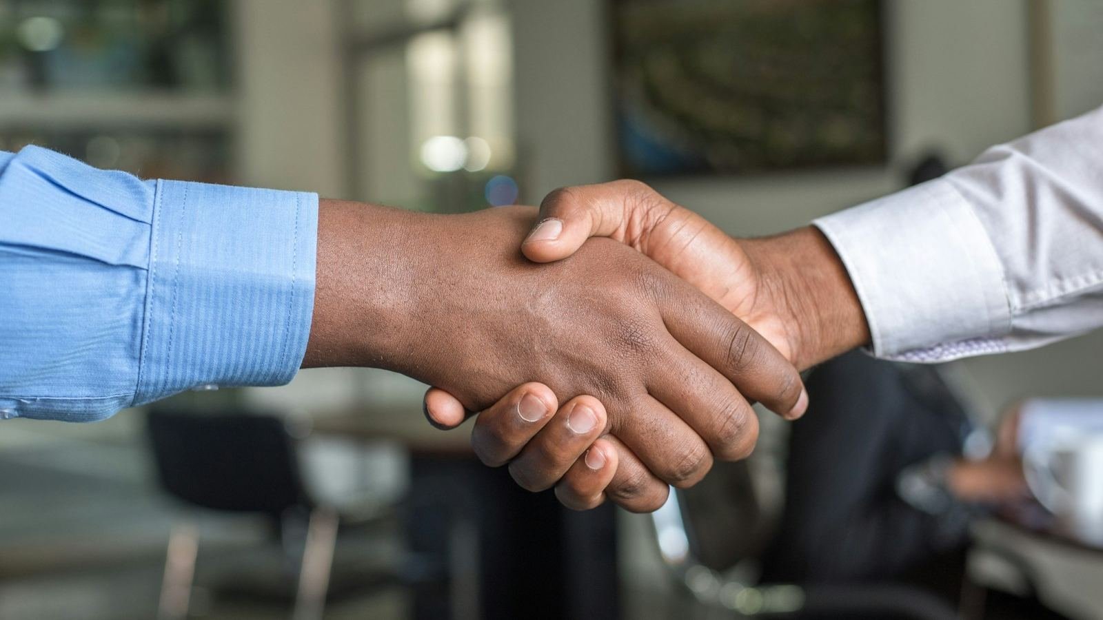 Two professionals shaking hands across a table