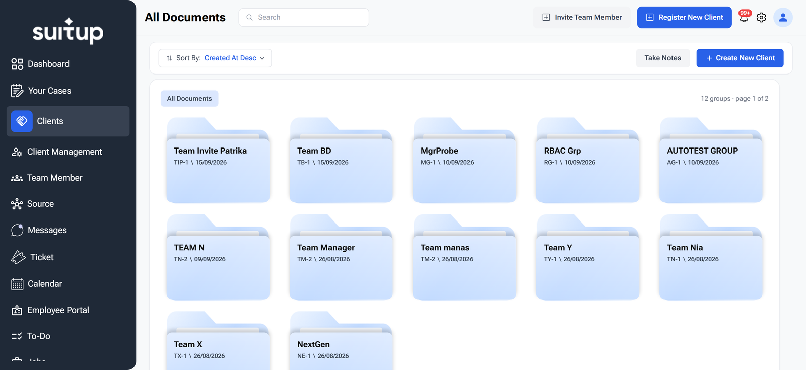 Suit Up All Documents view: a grid of folders, one per client group, each labelled with its group code and creation date, sorted by created date
