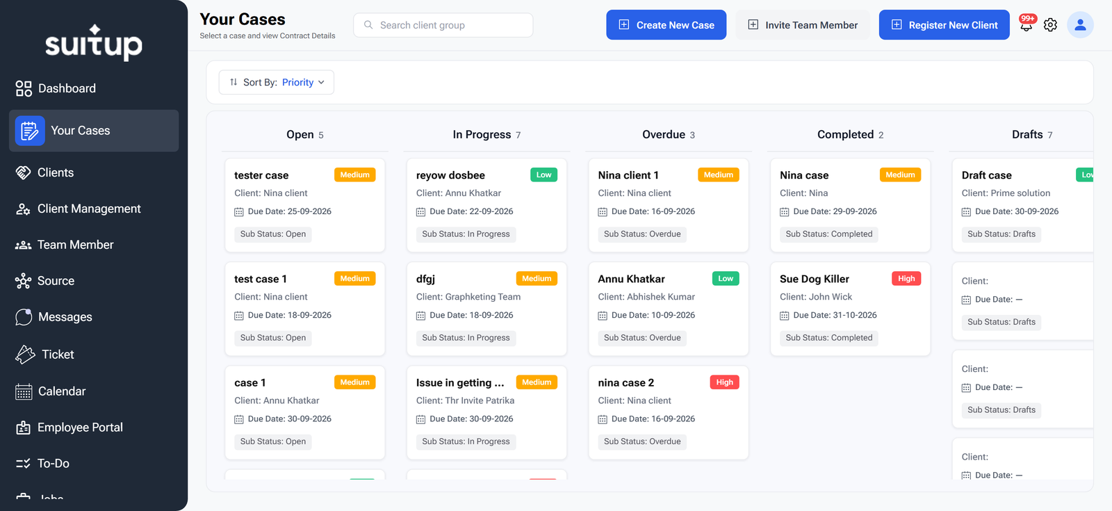 Suit Up Your Cases board with columns for Open, In Progress, Overdue, Completed and Drafts; each card shows the client, due date, sub-status and a Low, Medium or High priority tag; buttons to create a new case, invite a team member and register a new client